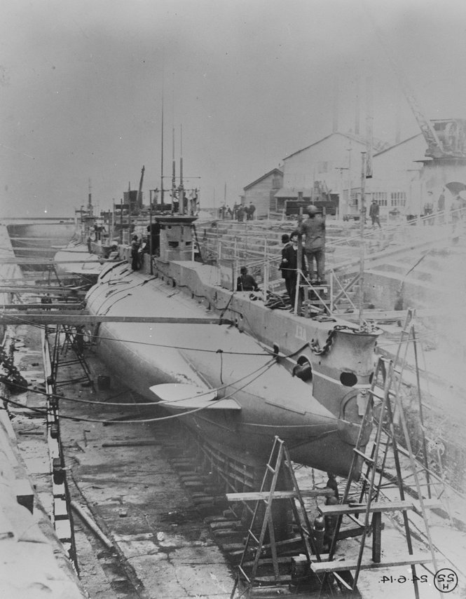 HMAS AE1 and AE2 in Fitzroy Dock, Cockatoo Island, Sydney (Navy image # 00572_AE1)  [Note - the image has been printed back to front]