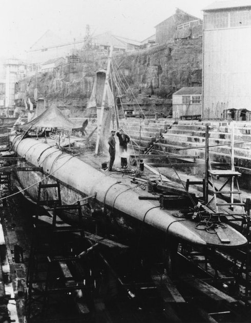 HMAS J4 in Fitzroy Dock in Cockatoo Island, Sydney.