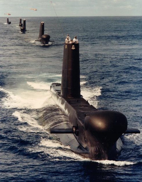 Five Australian Oberons entering Sydney Harbour