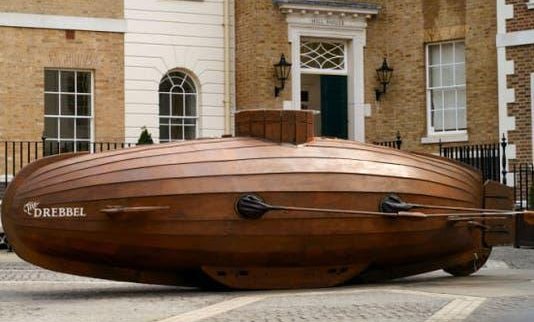 A smaller replica of Drebbel’s submarine – on display near Richmond Bridge, London