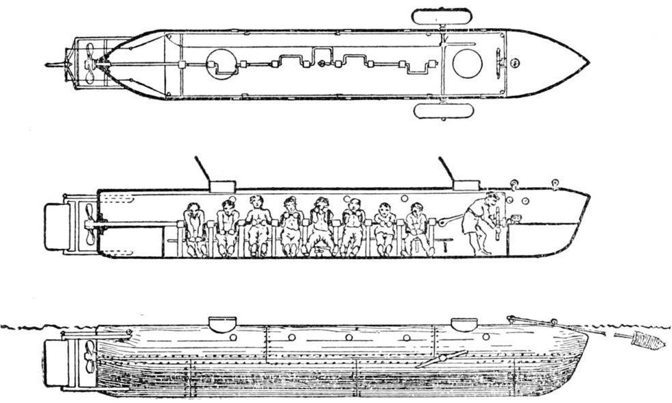 Drawing of Hunley from Popular Science Magazine, circa 1900. Photo- Wikimedia Commons